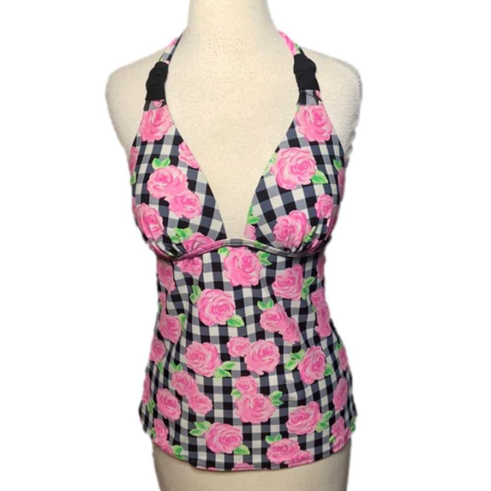 Malibu Halter Style Tankini Top Rose Print Large